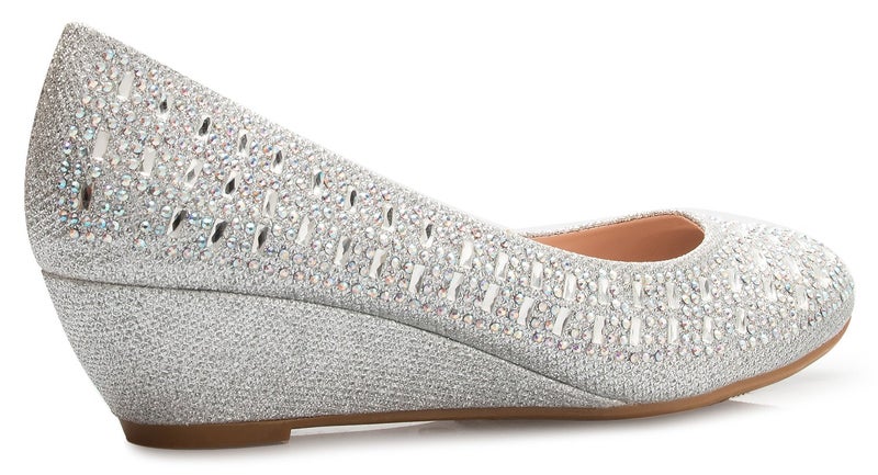 Olivia K Women's Close Round Toe Low Wedge Glitter Rhinestone Comfort Silver - Image 2